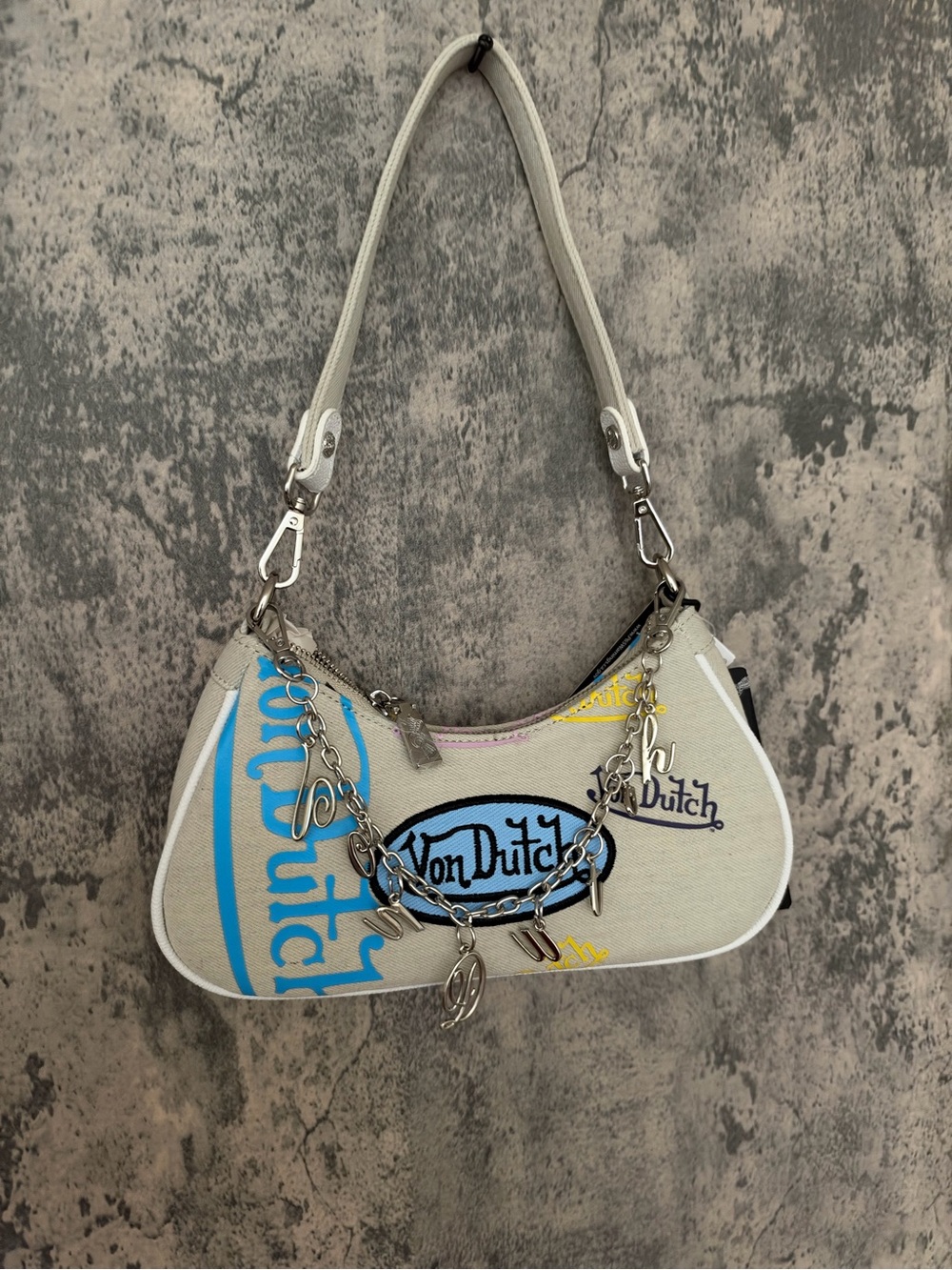 Von Dutch White Canvas Shoulder Bag with Blue and Yellow Logo Accents